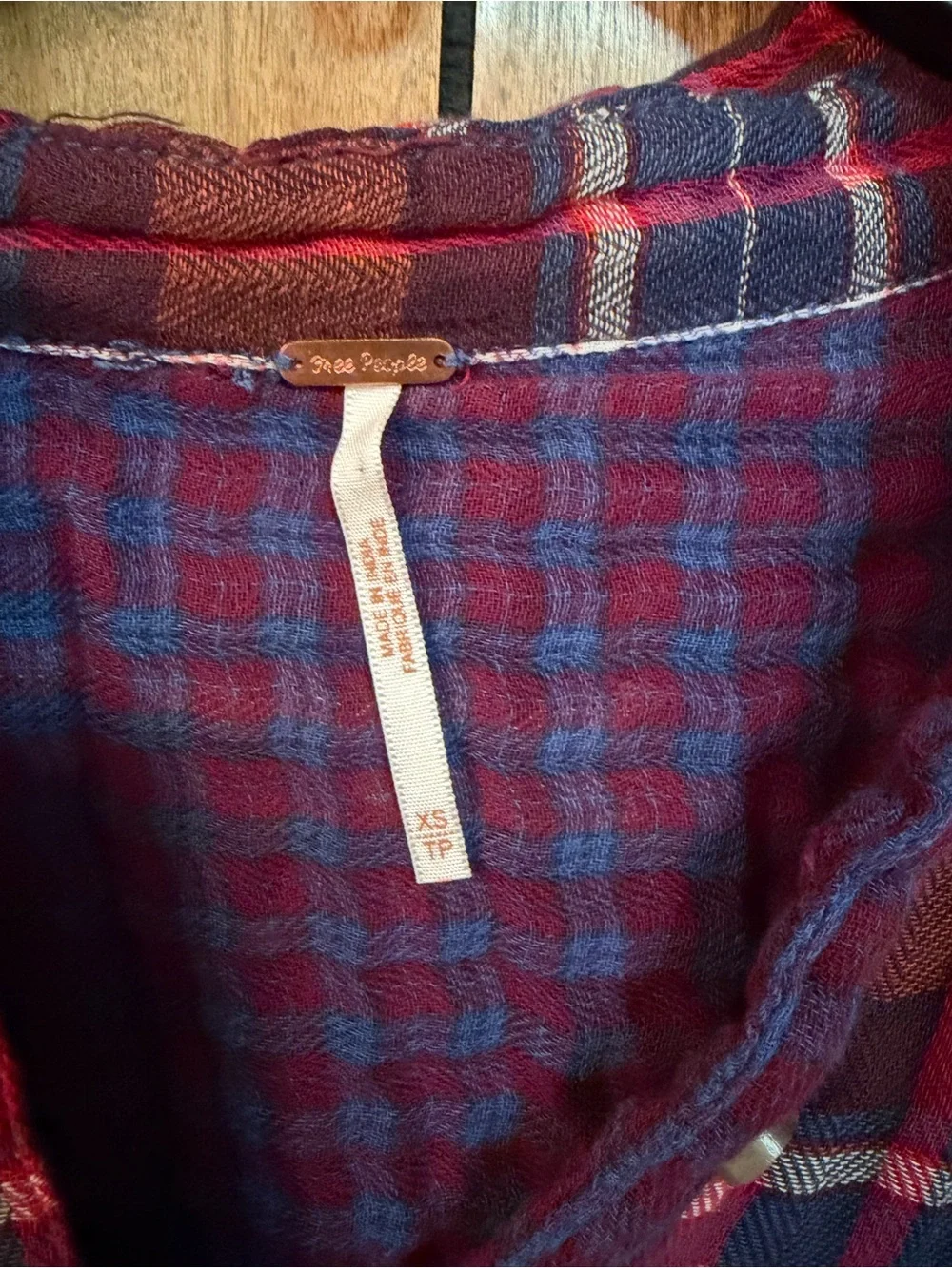 Free People Burgundy and Navy Plaid Button-Up Shirt